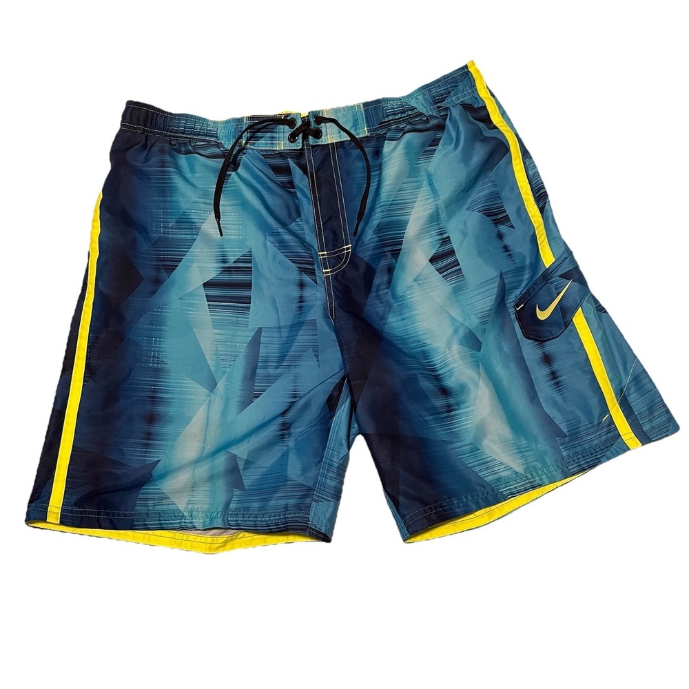 Nike‎ Swoosh Logo Swim Trunks Men's L Cargo Pocket Board Shorts Drawstring Blue